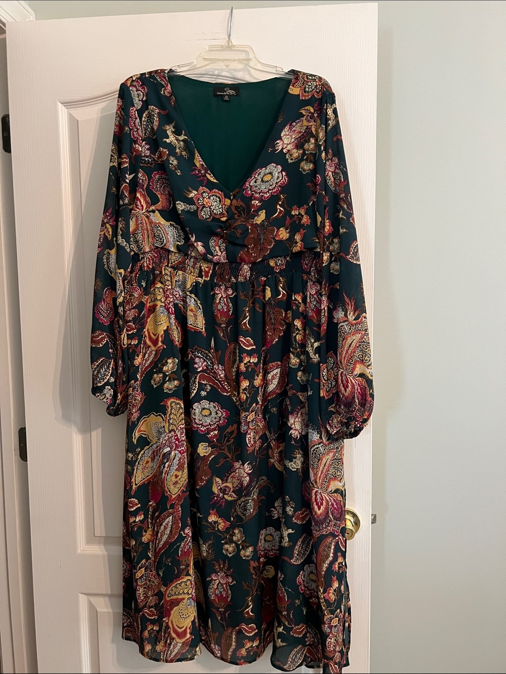 Suzanne Betro Teal Paisley V-Neck Long Sleeve Dress 2X